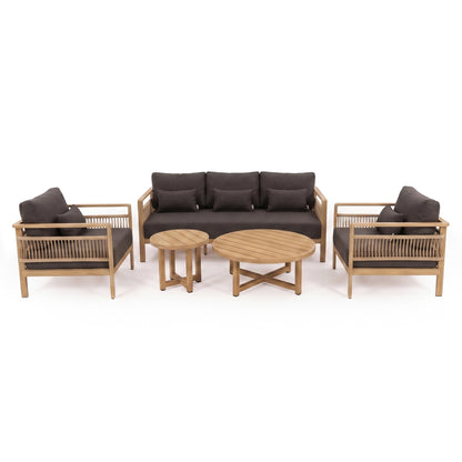 Outdoor furniture set with sofa, armchairs, coffee table, and side table on a white background