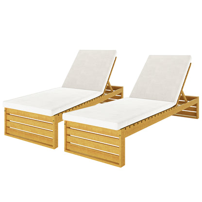 Alabat Hardwood Outdoor Sun Lounger Set of 2 in Cream, featuring light-stained acacia wood frames with adjustable backrests and plush white cushions, designed for durability and comfort in outdoor settings.