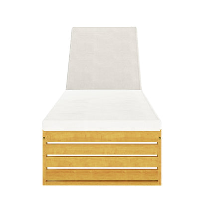 Alabat Solid Timber Outdoor Sun Lounger Set of 2 in Cream, featuring a slatted wood frame and thick white cushions, showcasing a minimalist design perfect for outdoor relaxation.