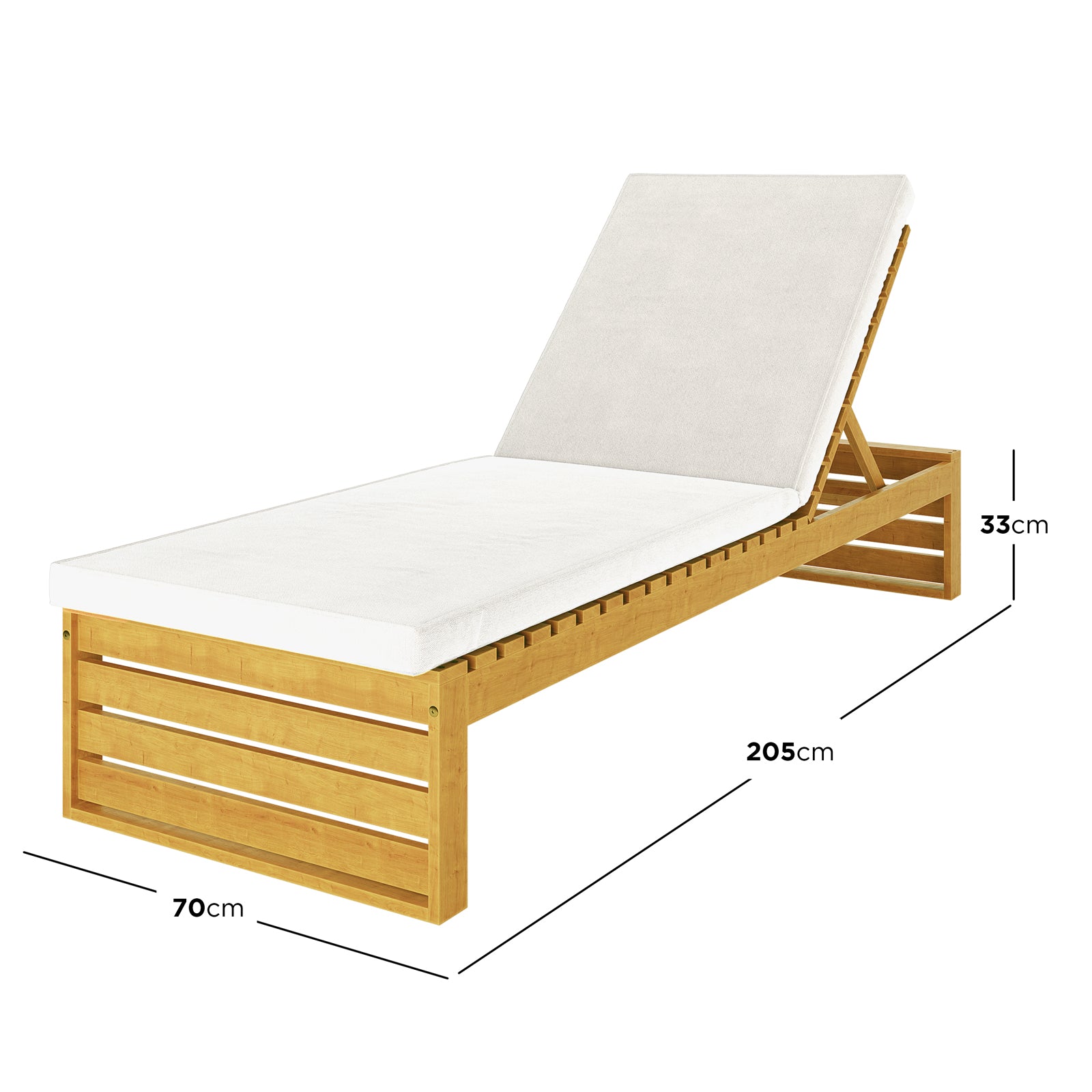 Alabat Hardwood Outdoor Sun Lounger Set of 2 in Cream, featuring a wooden frame with white cushions, adjustable backrests, and dimensions of 205cm length, 70cm width, and 33cm height.