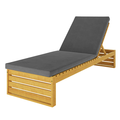Alabat Acacia Wood Outdoor Sun Lounger with Cushion in Grey features a wooden frame with an adjustable backrest and a thick, dark-gray cushion, designed for outdoor relaxation and durability.