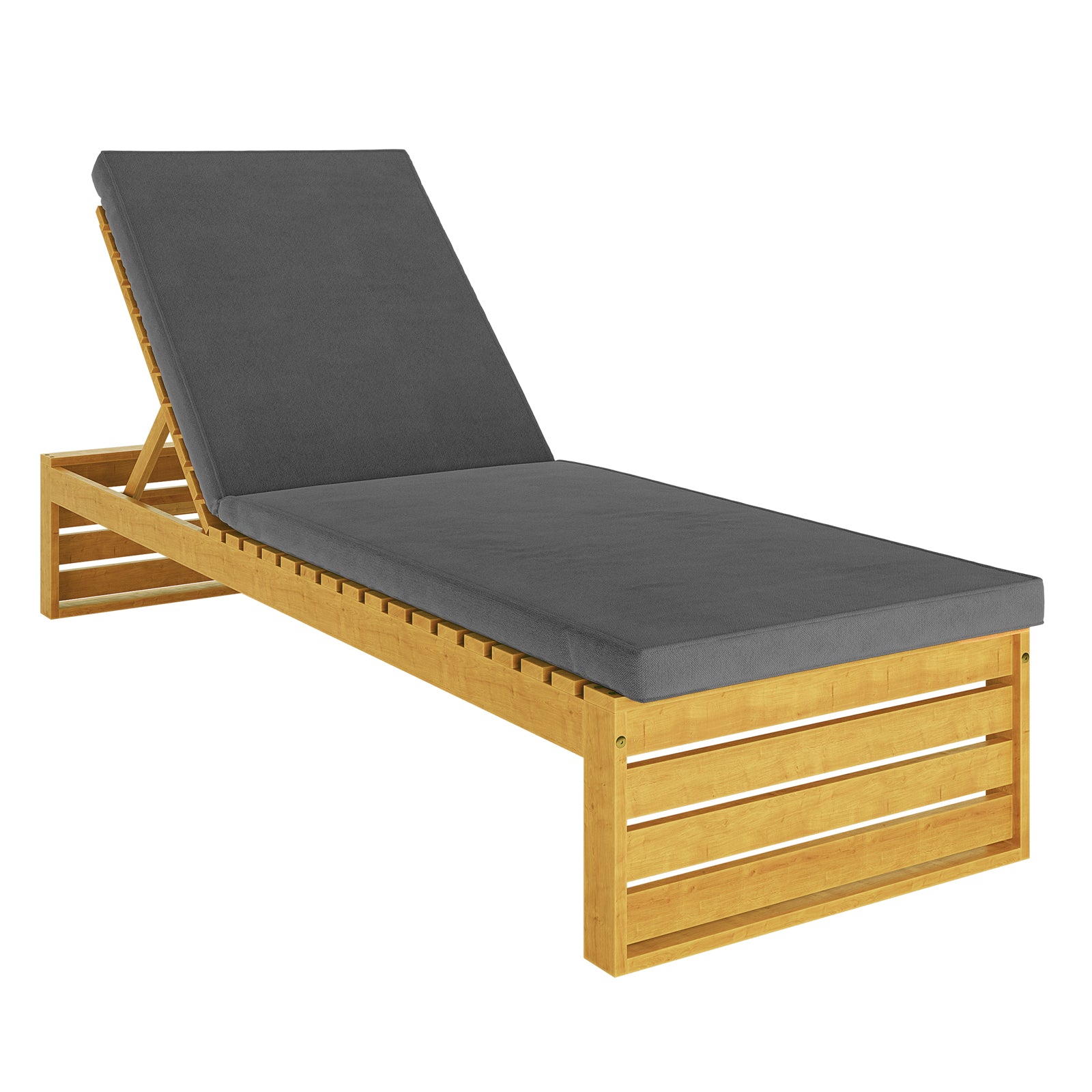 Alabat Acacia Wood Outdoor Sun Lounger with Cushion in Grey features a wooden slatted frame with adjustable backrest and dark gray cushion, perfect for stylish and comfortable outdoor relaxation.