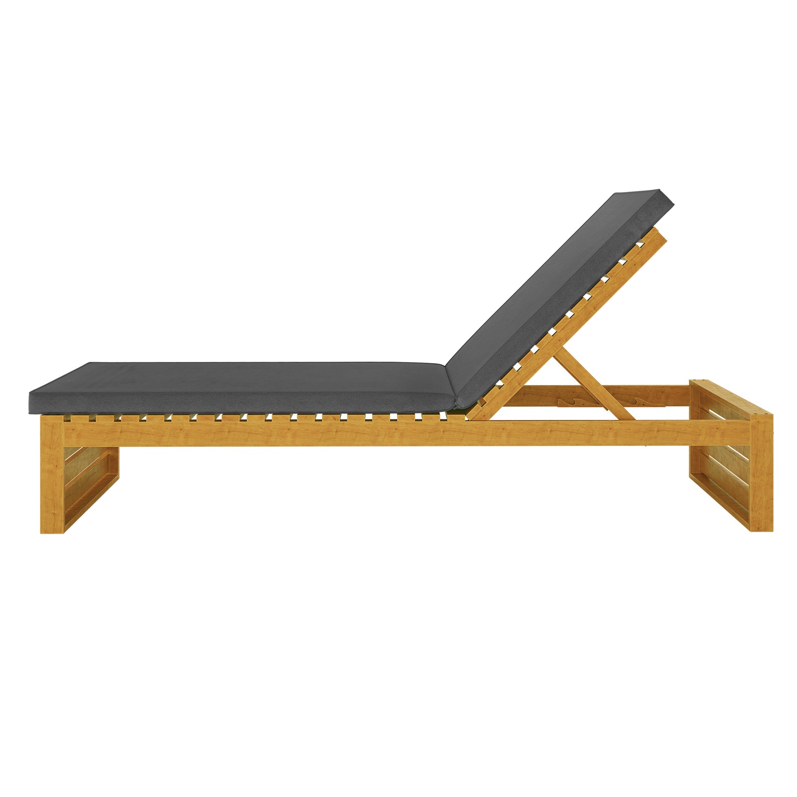 Alabat Acacia Wood Outdoor Sun Lounger with Cushion in Grey features a wooden frame and dark-gray cushion, adjustable backrest for reclining, showcasing durability and style for outdoor relaxation.