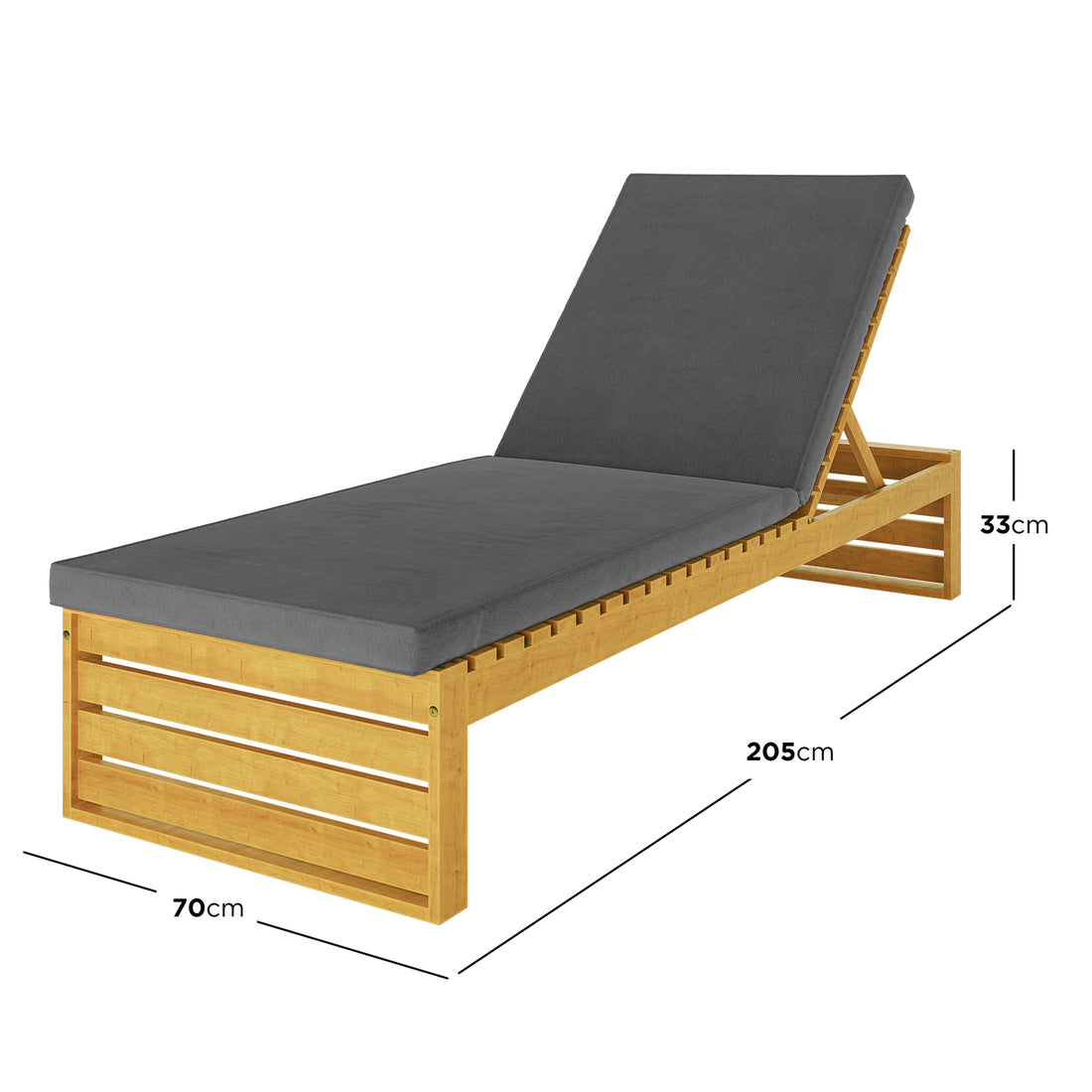 Alabat Acacia Wood Outdoor Sun Lounger with Cushion in Grey, featuring an adjustable slatted wooden frame, dark-gray cushion, and ergonomic design, measuring 205cm long, 70cm wide, 33cm high.