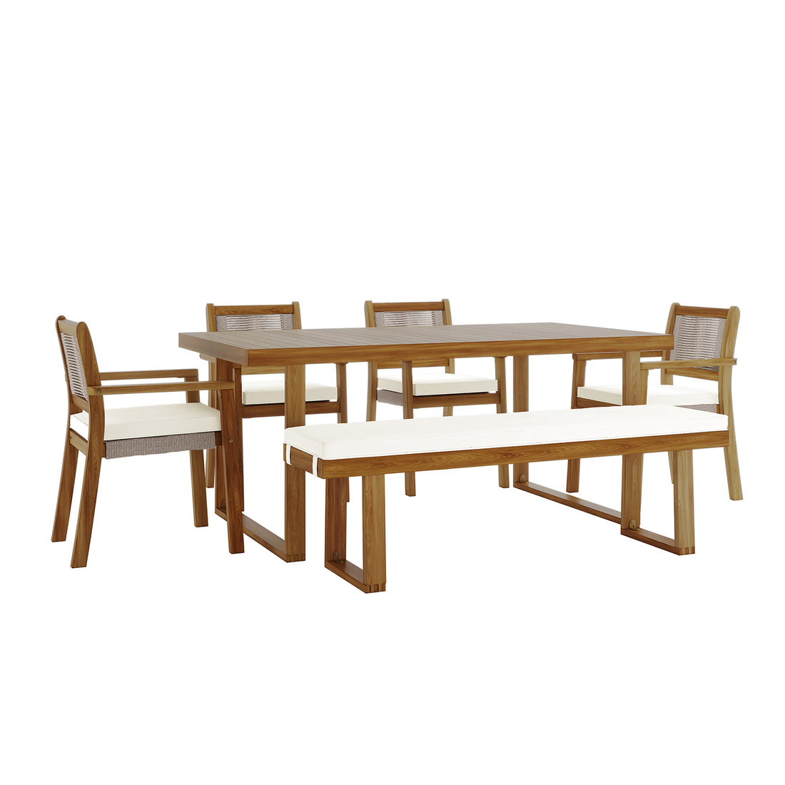 Albian 7 Seater Solid Timber Outdoor Dining Set features a spacious wooden table and chairs with cushions, showcasing a modern rustic design with woven rope accents for outdoor gatherings.
