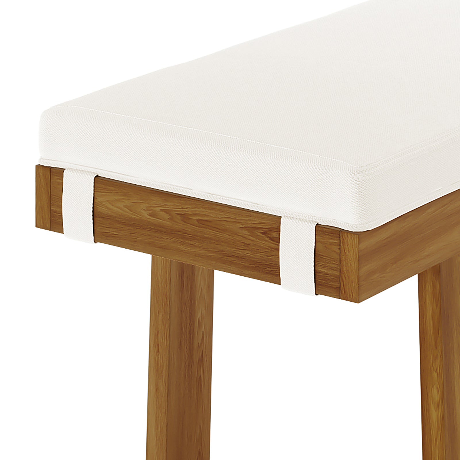 Albian 7 Seater Solid Timber Outdoor Dining Set features a close-up of a white cushion on a wooden bench, highlighting its plush comfort and modern rustic design, crafted from solid acacia wood.