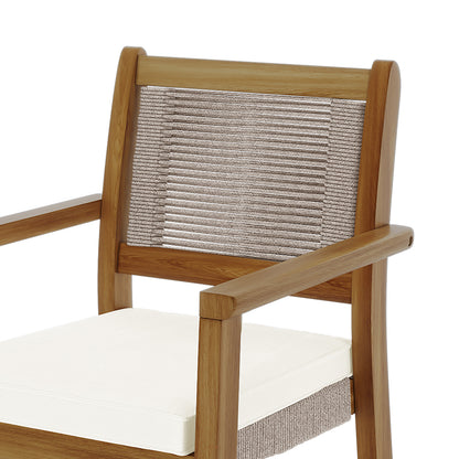 Close-up of the Albian 7 Seater Solid Timber Outdoor Dining Set Beige showcasing a wicker chair detail and acacia wood beam, highlighting its modern rustic design and craftsmanship.