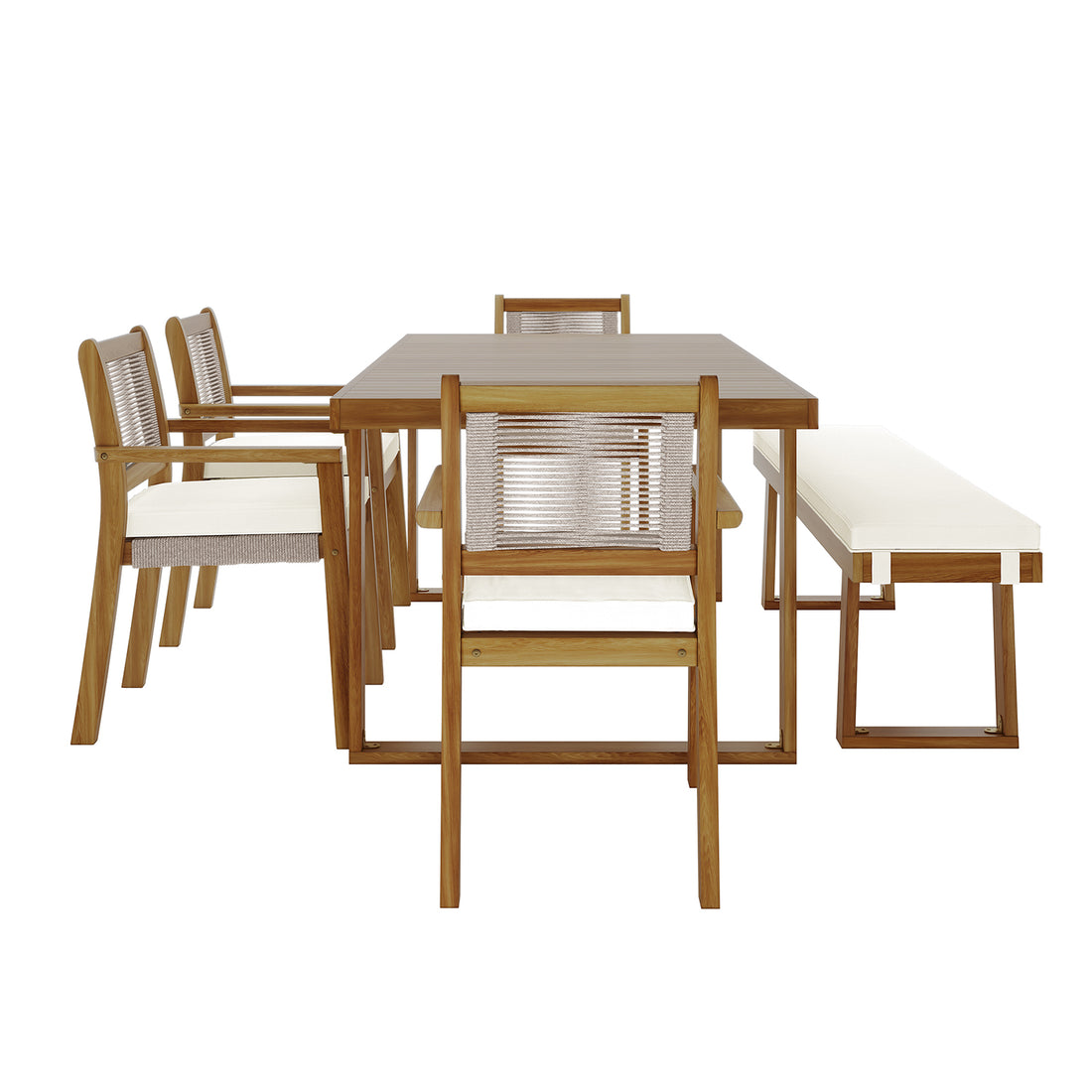Close-up of a chair from the Albian 7 Seater Solid Timber Outdoor Dining Set, showcasing its solid timber construction and UV-resistant woven rope accents, highlighting its modern rustic design and robust build.