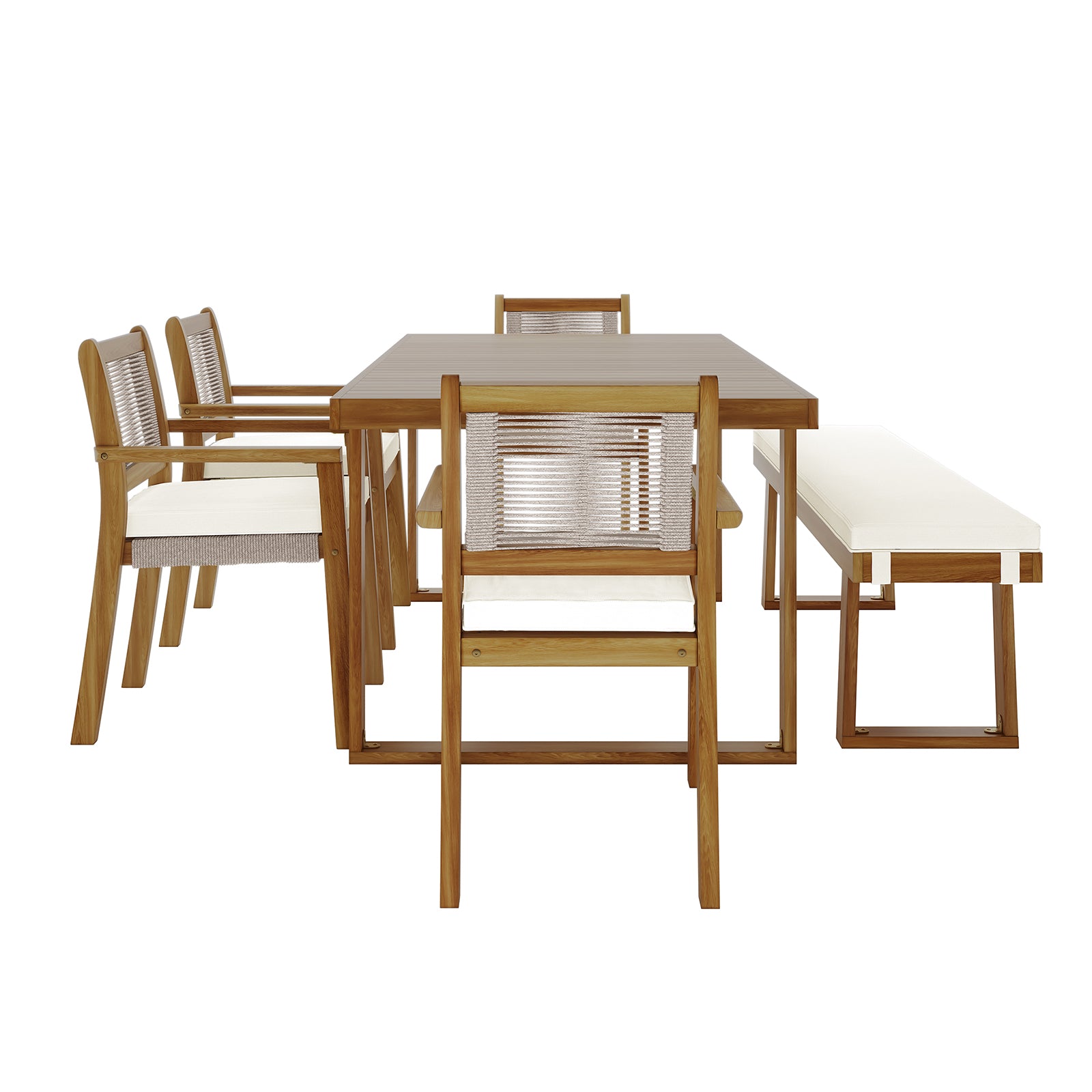 Close-up of a chair from the Albian 7 Seater Solid Timber Outdoor Dining Set, showcasing its solid timber construction and UV-resistant woven rope accents, highlighting its modern rustic design and robust build.