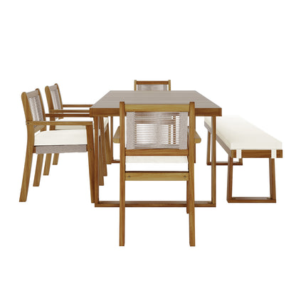 Close-up of a chair from the Albian 7 Seater Solid Timber Outdoor Dining Set, showcasing its solid timber construction and UV-resistant woven rope accents, highlighting its modern rustic design and robust build.