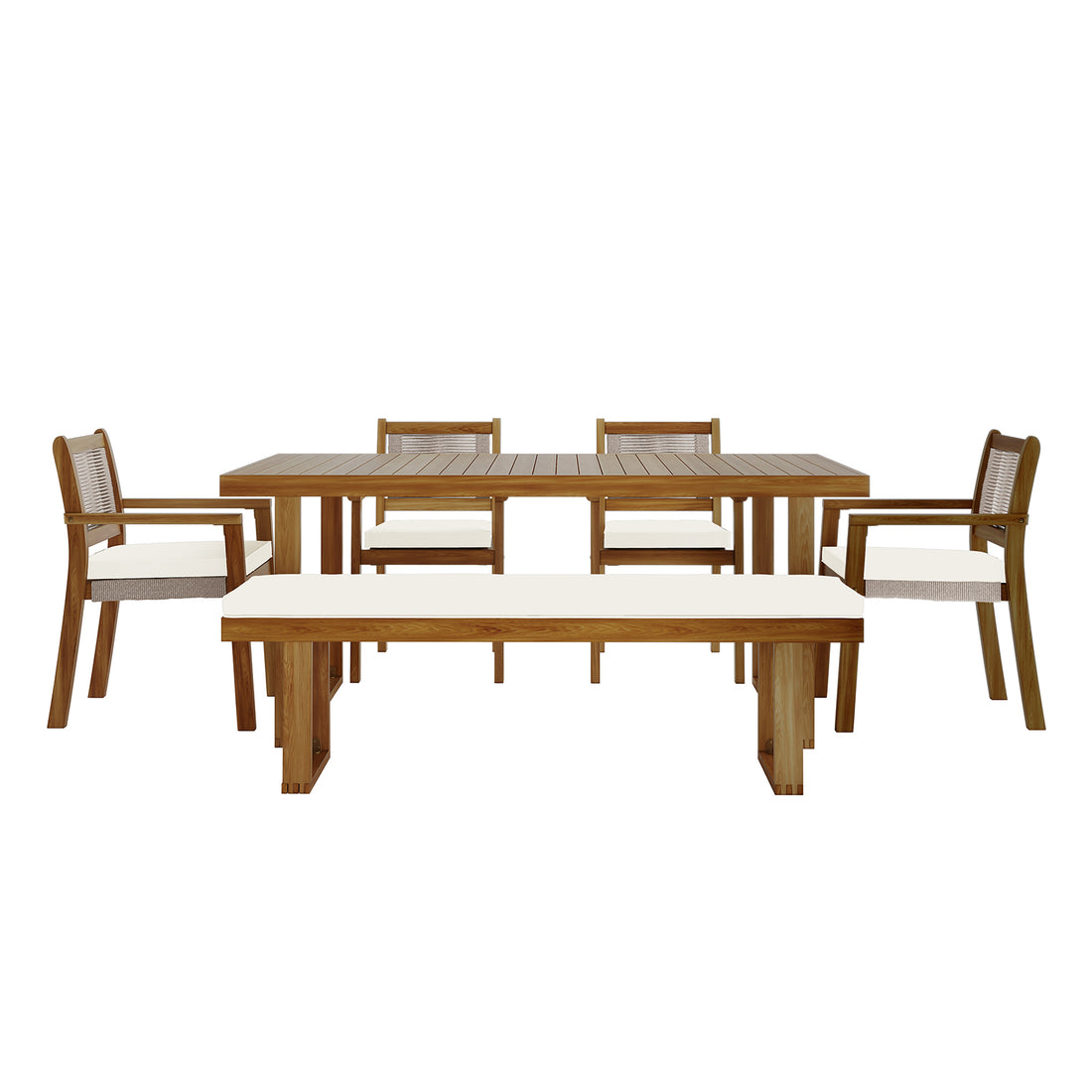 Albian 7 Seater Solid Timber Outdoor Dining Set Beige, featuring a close-up of a sturdy acacia wood table and chairs with plush cushions, designed for stylish, functional outdoor gatherings.