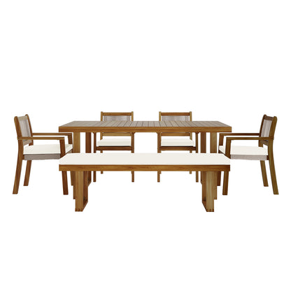 Albian 7 Seater Solid Timber Outdoor Dining Set Beige, featuring a close-up of a sturdy acacia wood table and chairs with plush cushions, designed for stylish, functional outdoor gatherings.