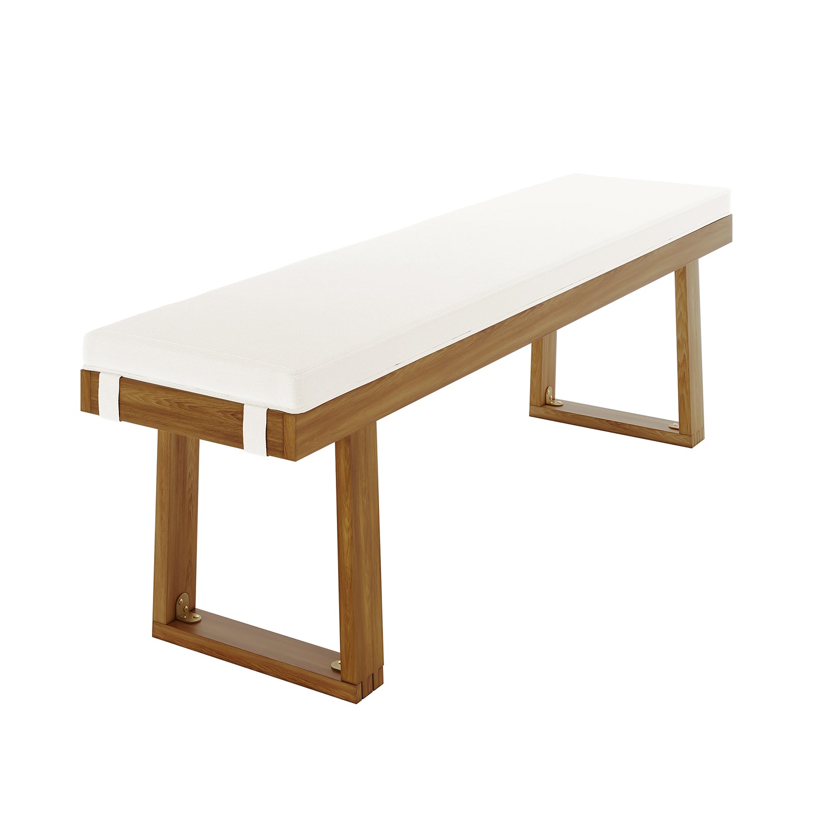Albian 7 Seater Solid Timber Outdoor Dining Set Beige featuring a white cushioned bench with wooden legs, showcasing a modern rustic design crafted from durable acacia wood for stylish outdoor gatherings.