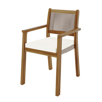 Close-up of the Albian 7 Seater Solid Timber Outdoor Dining Set with a focus on a chair featuring a plush cushion, highlighting the set's modern rustic design and solid acacia wood craftsmanship.