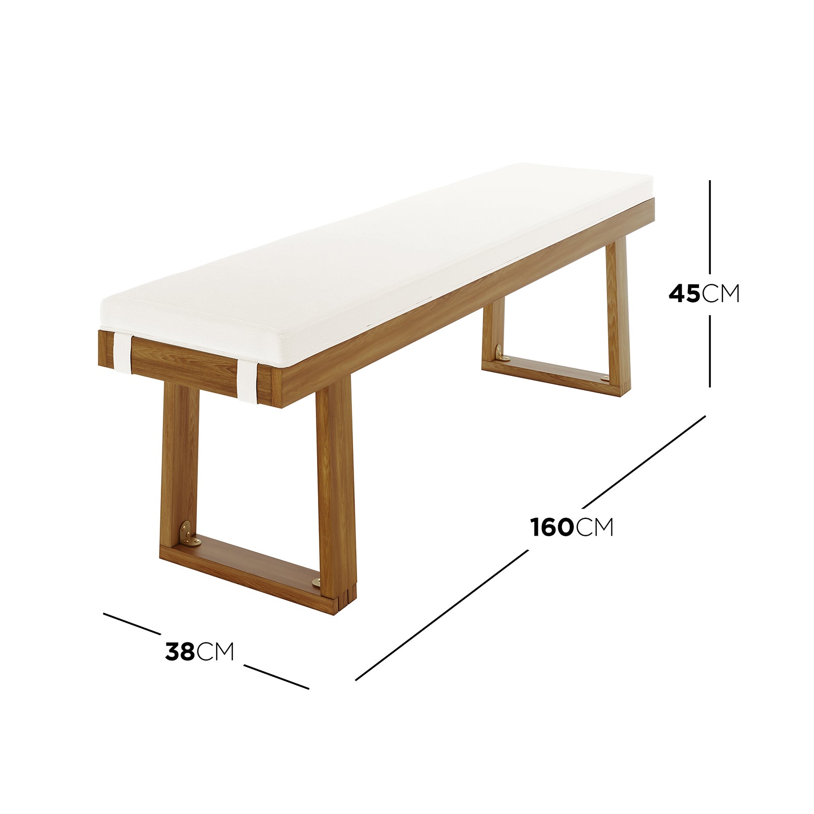Albian 7 Seater Solid Timber Outdoor Dining Set Beige: Features a sturdy acacia wood table with a white band, paired with a cushioned wooden bench, ideal for outdoor gatherings.