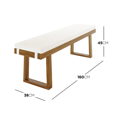 Albian 7 Seater Solid Timber Outdoor Dining Set Beige: Features a sturdy acacia wood table with a white band, paired with a cushioned wooden bench, ideal for outdoor gatherings.