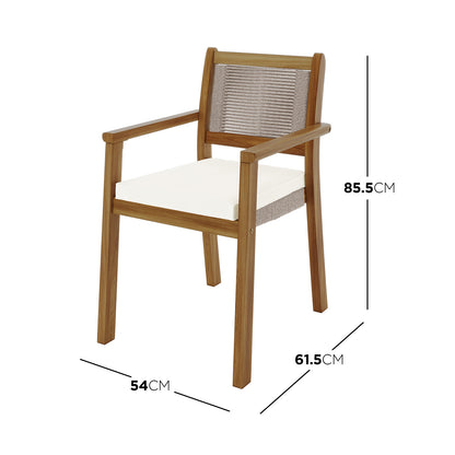 Close-up of the Albian 7 Seater Solid Timber Outdoor Dining Set Beige, highlighting the durable acacia wood chair with plush cushions and UV-resistant woven rope accents.