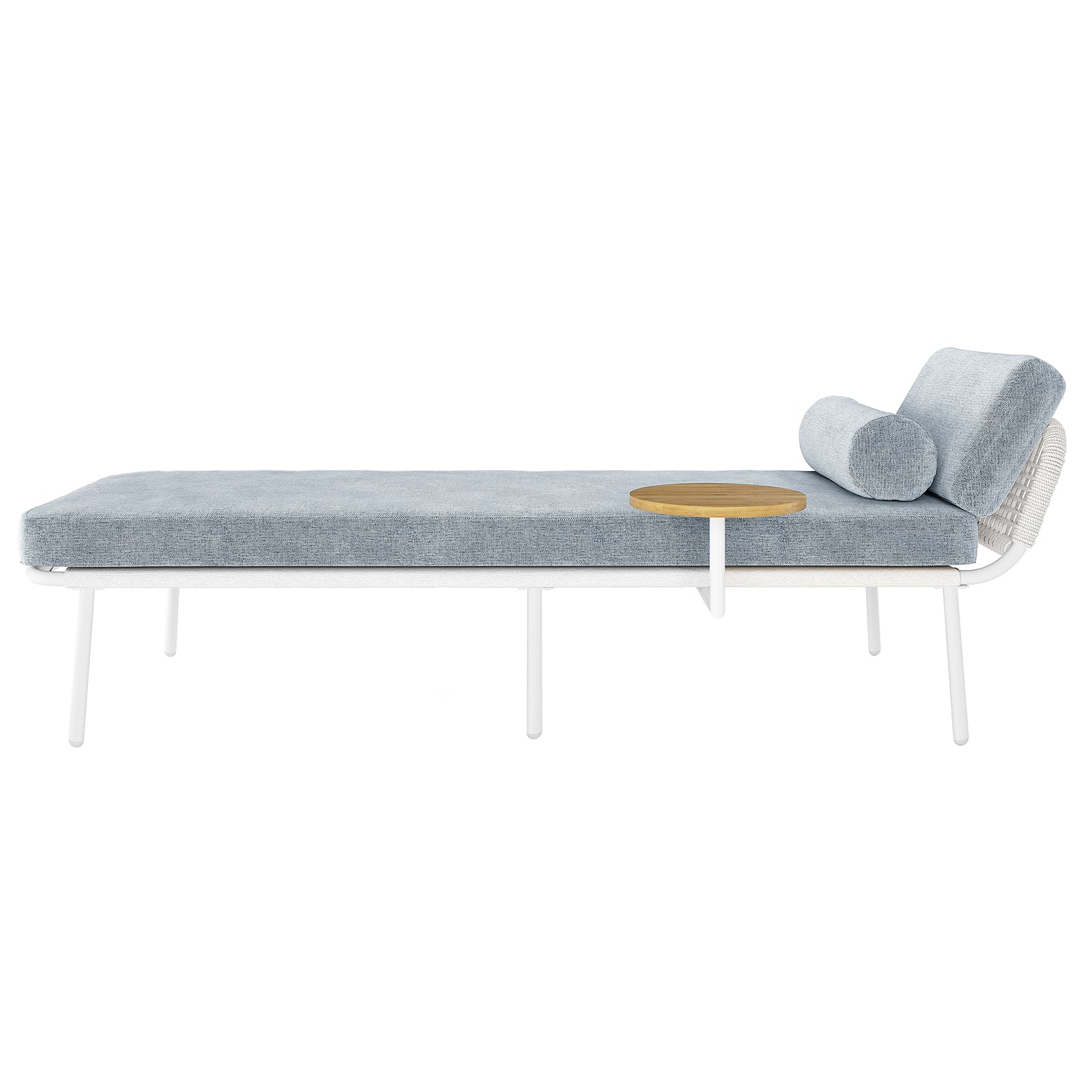 Andre Wicker Outdoor Sun Lounger with Cushion in Light Grey features a white metal frame, light blue-gray cushion, cylindrical pillow, and a round wooden side table.