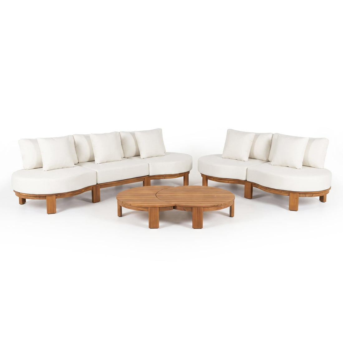 Complete modern furniture set with two curved sofas and a matching coffee table on a white background.