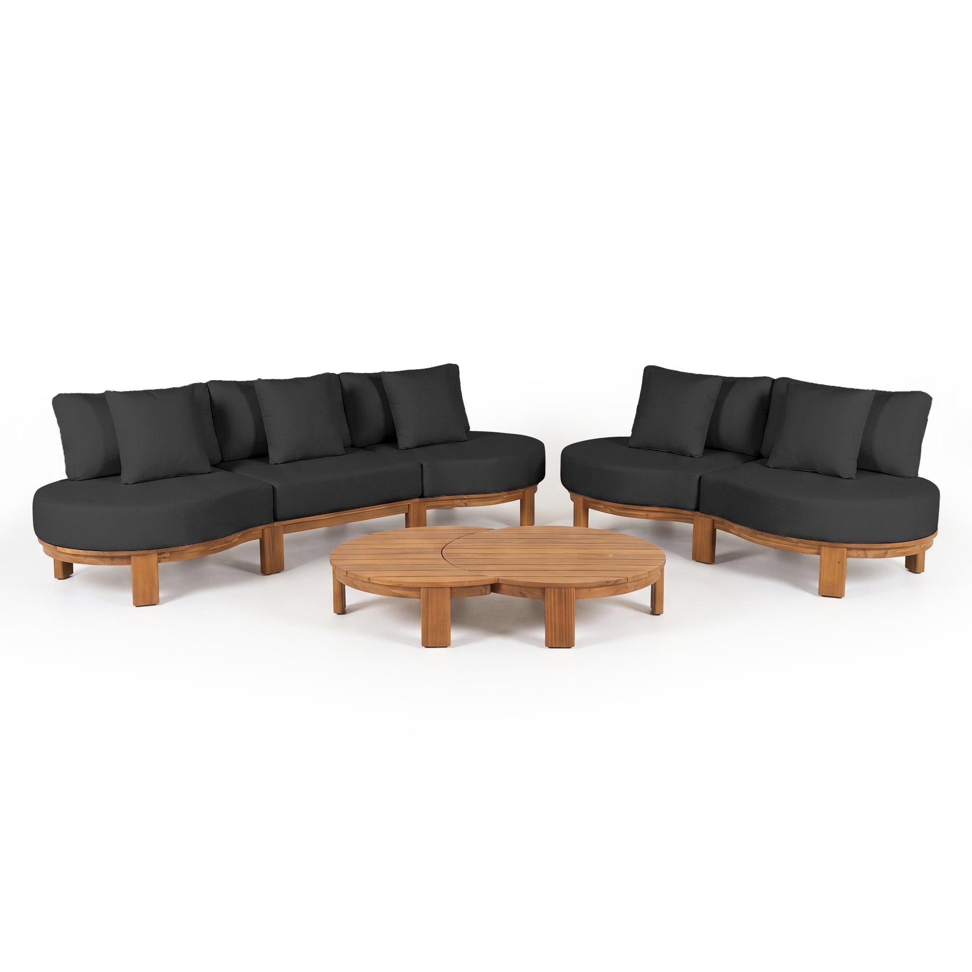 Modern modular outdoor sectional sofa set with curved couches and matching wooden coffee table on white background