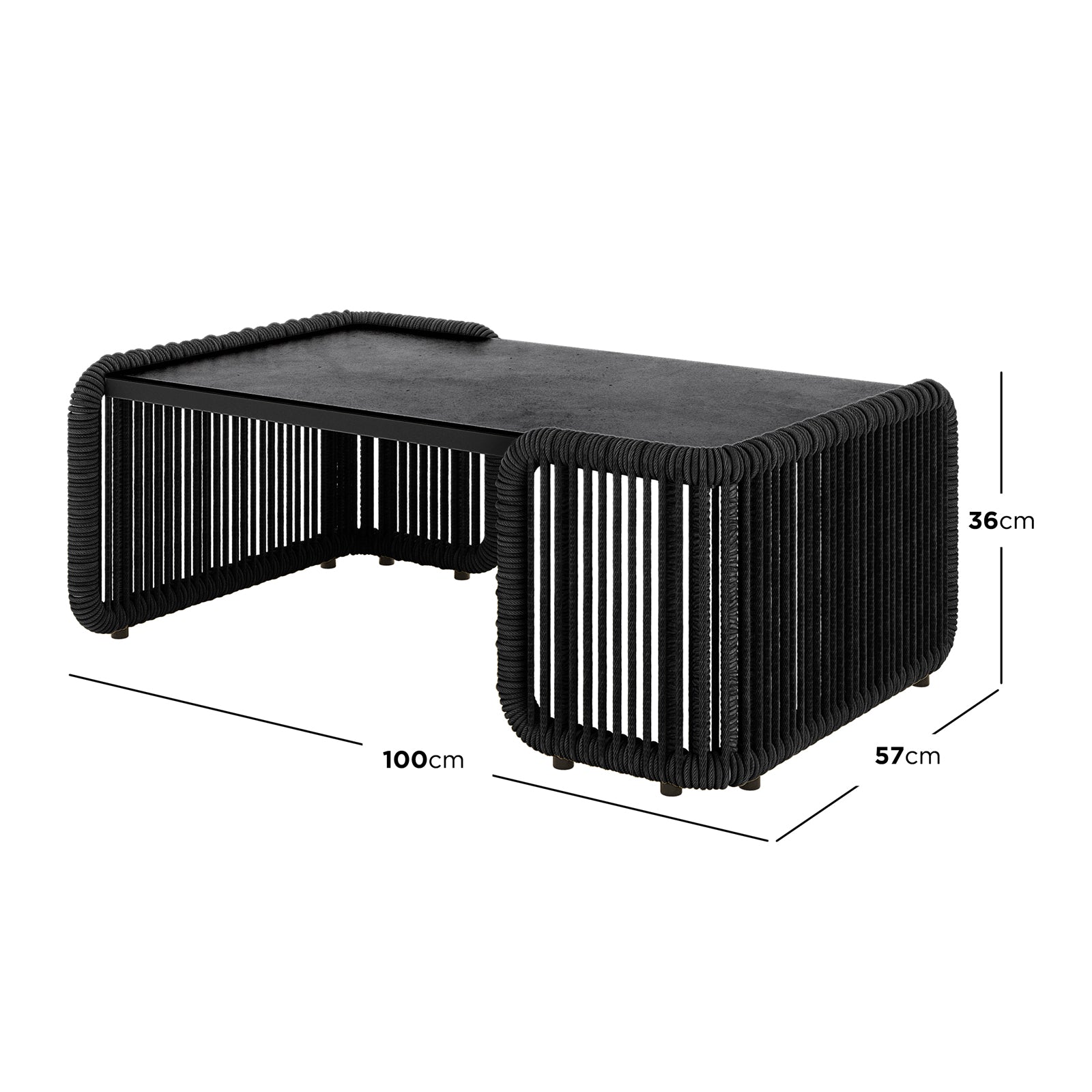 Avon 5-Seater Premium Aluminium Rattan Outdoor Lounge Set Grey, featuring a close-up of robust rope detailing, elegant black tabletop with precise measurements, and meticulous sketch designs, showcasing luxurious outdoor comfort and durability.
