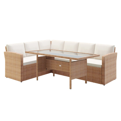 Ballena 6 Seater Wicker Outdoor Dining Sofa Set – Beige/Light Beige, featuring close-up of woven wicker material, showcasing its intricate design and craftsmanship, emphasizing comfort and style for outdoor dining.