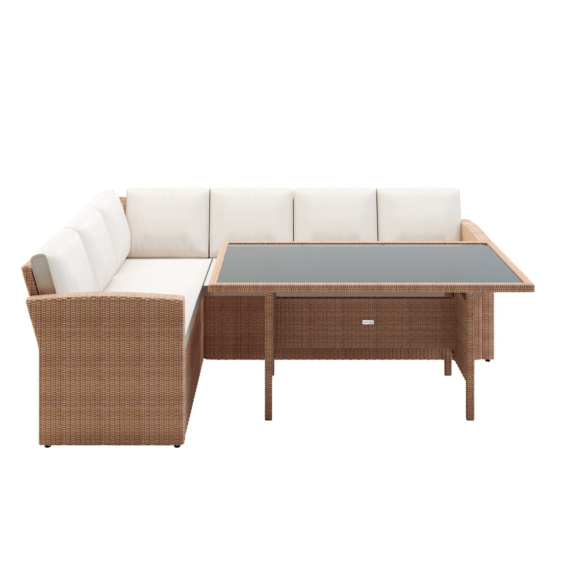Close-up of the Ballena 6 Seater Wicker Outdoor Dining Sofa Set showcasing its woven wicker armrest with padded cushions, part of a stylish sectional designed for comfortable outdoor dining and lounging.