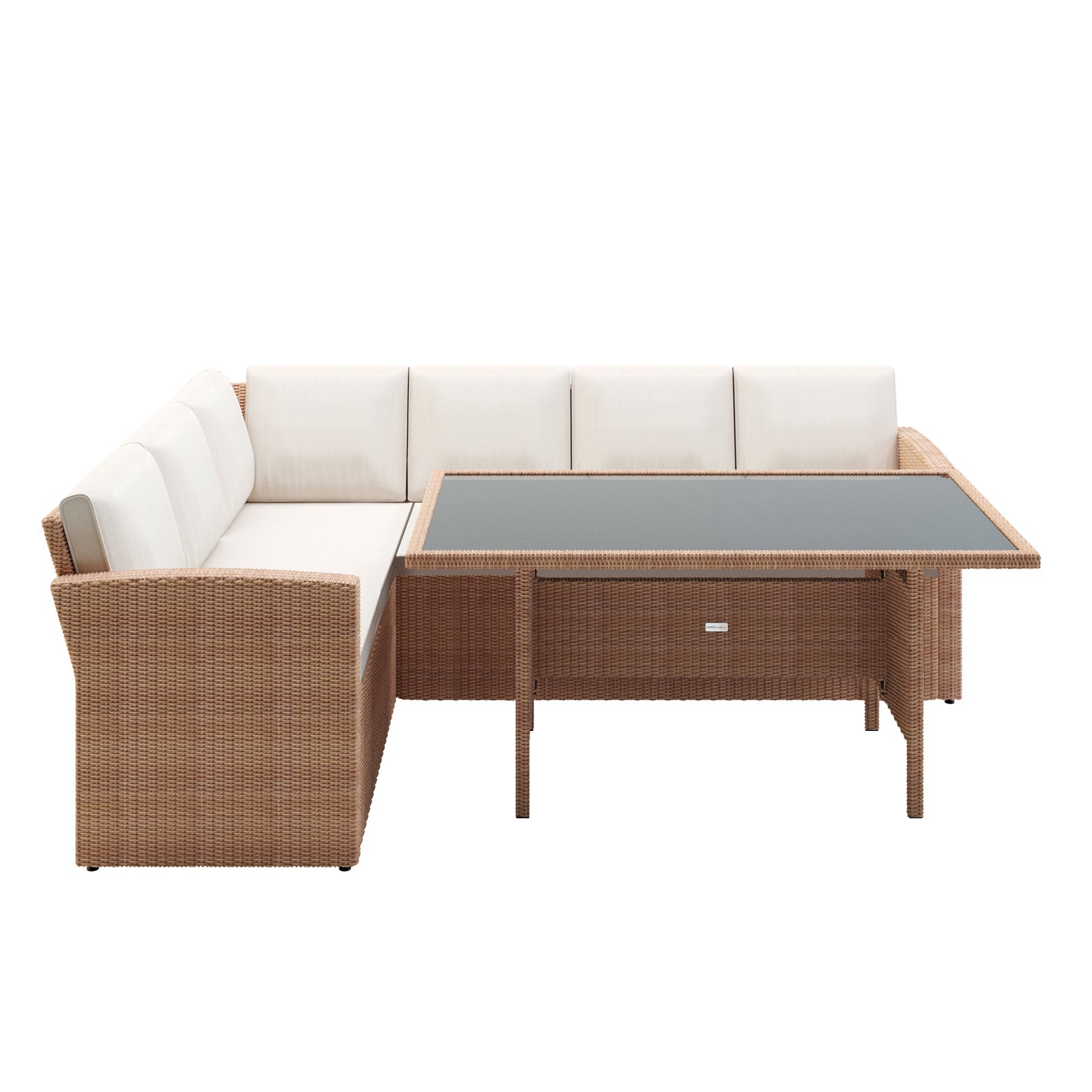 Close-up of the Ballena 6 Seater Wicker Outdoor Dining Sofa Set showcasing its woven wicker armrest with padded cushions, part of a stylish sectional designed for comfortable outdoor dining and lounging.