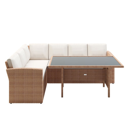 Close-up of the Ballena 6 Seater Wicker Outdoor Dining Sofa Set showcasing its woven wicker armrest with padded cushions, part of a stylish sectional designed for comfortable outdoor dining and lounging.