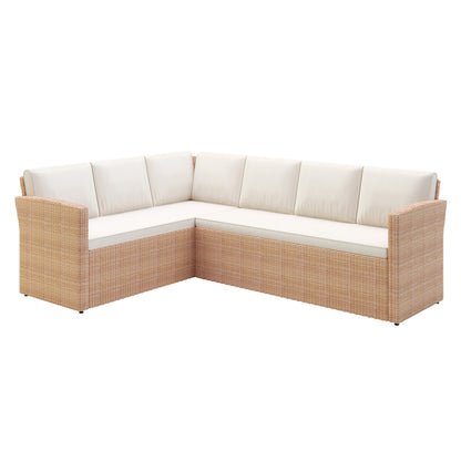 Close-up of the Ballena 6 Seater Wicker Outdoor Dining Sofa Set, highlighting the woven wicker texture and padded cushions, ideal for stylish, comfortable outdoor dining and lounging.