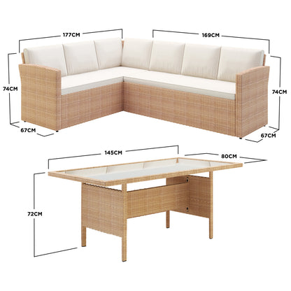 Ballena 6 Seater Wicker Outdoor Dining Sofa Set – Beige/Light Beige, featuring a close-up of wicker texture and padded cushions, highlighting its modern design and woven PE wicker construction for outdoor comfort.