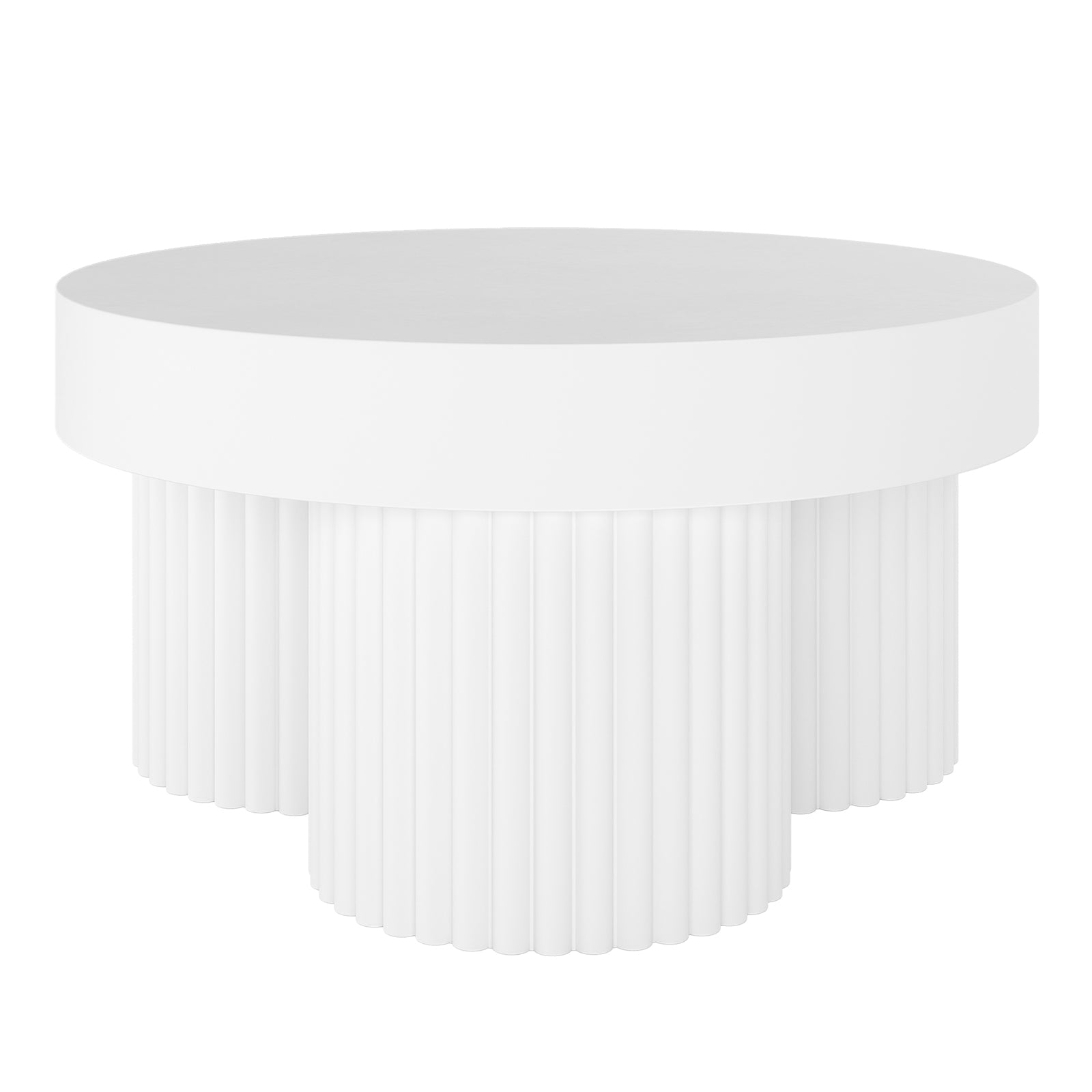 Basalt & Salvo Outdoor Concrete Coffee Table Set in White featuring a minimalist design with a round top and fluted cylindrical column base, showcasing modern elegance for versatile indoor or outdoor use.