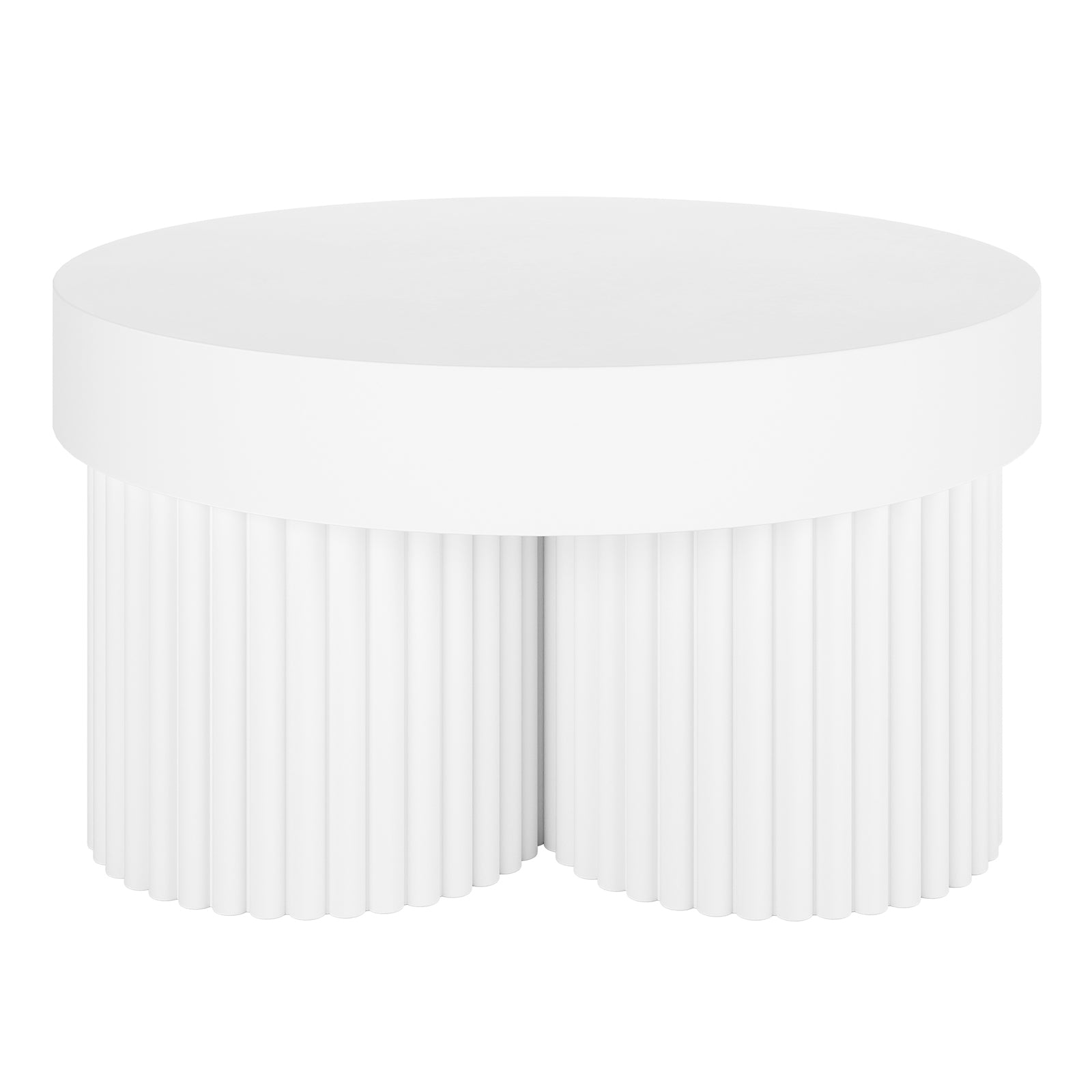 Basalt & Salvo Outdoor Concrete Coffee Table Set in White, featuring a circular top and two drum-like, fluted column legs with vertical slats, showcasing a modern, minimalist design.