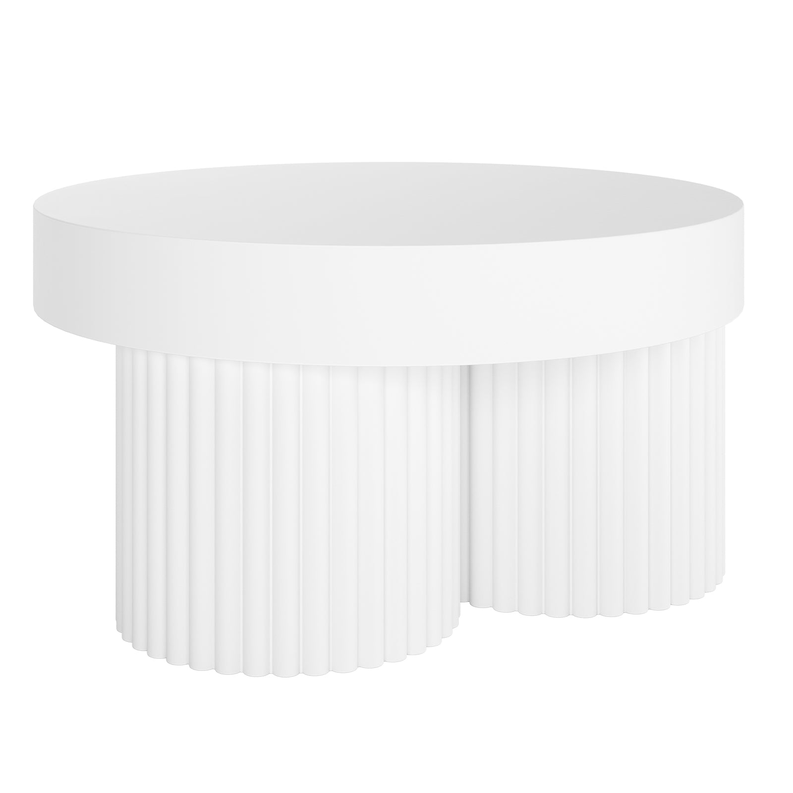 Basalt & Salvo Outdoor Concrete Coffee Table Set in White features a minimal 3D model with a round top on two fluted cylindrical bases, highlighting its modern, sleek design.