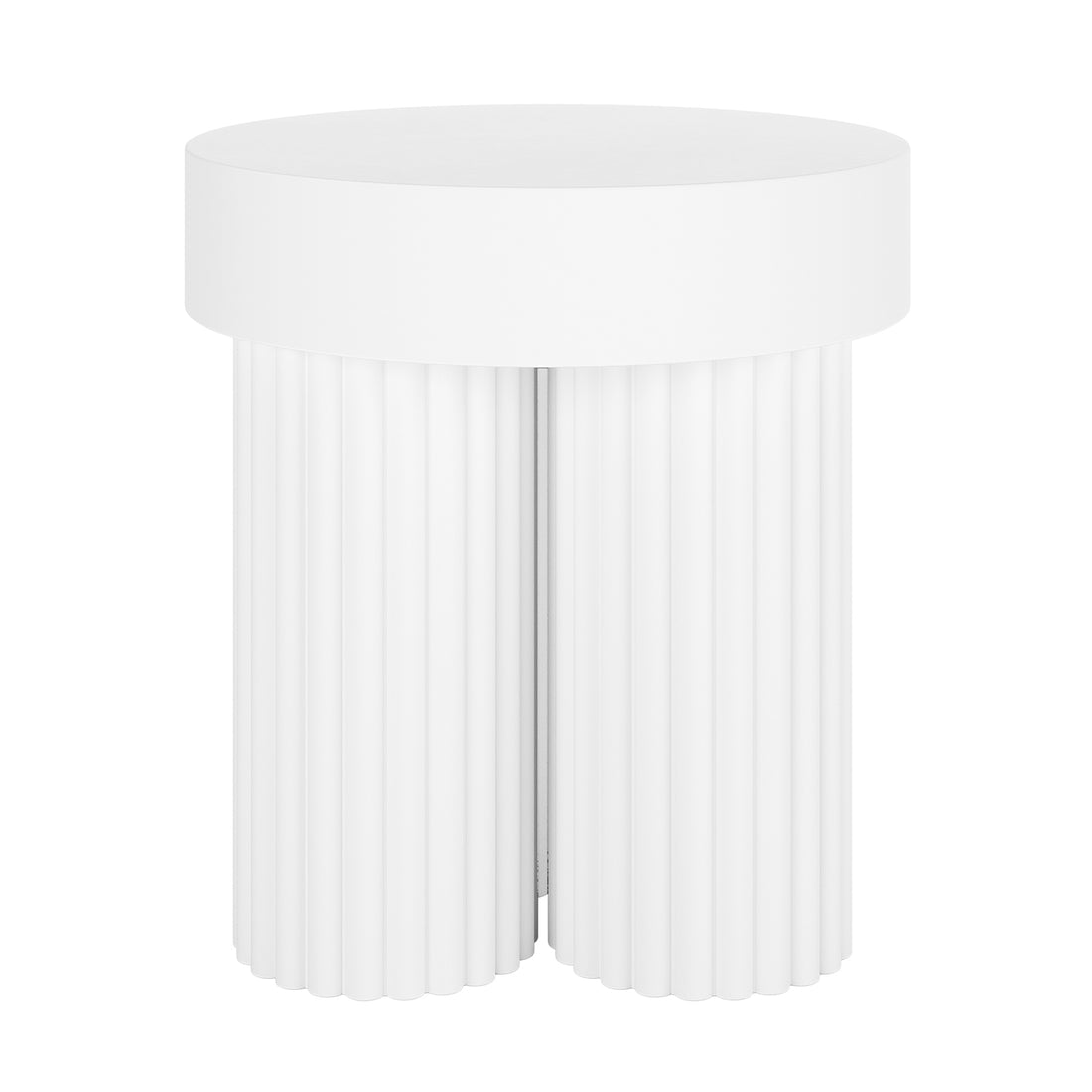 Basalt & Salvo Outdoor Concrete Coffee Table Set in White, featuring a small, modern table with a round top and two fluted column-style supports, highlighting its elegant and versatile design.