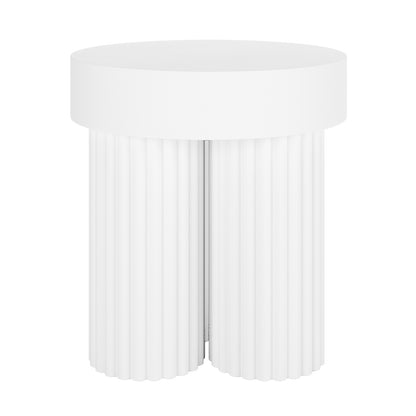 Basalt & Salvo Outdoor Concrete Coffee Table Set in White, featuring a small, modern table with a round top and two fluted column-style supports, highlighting its elegant and versatile design.