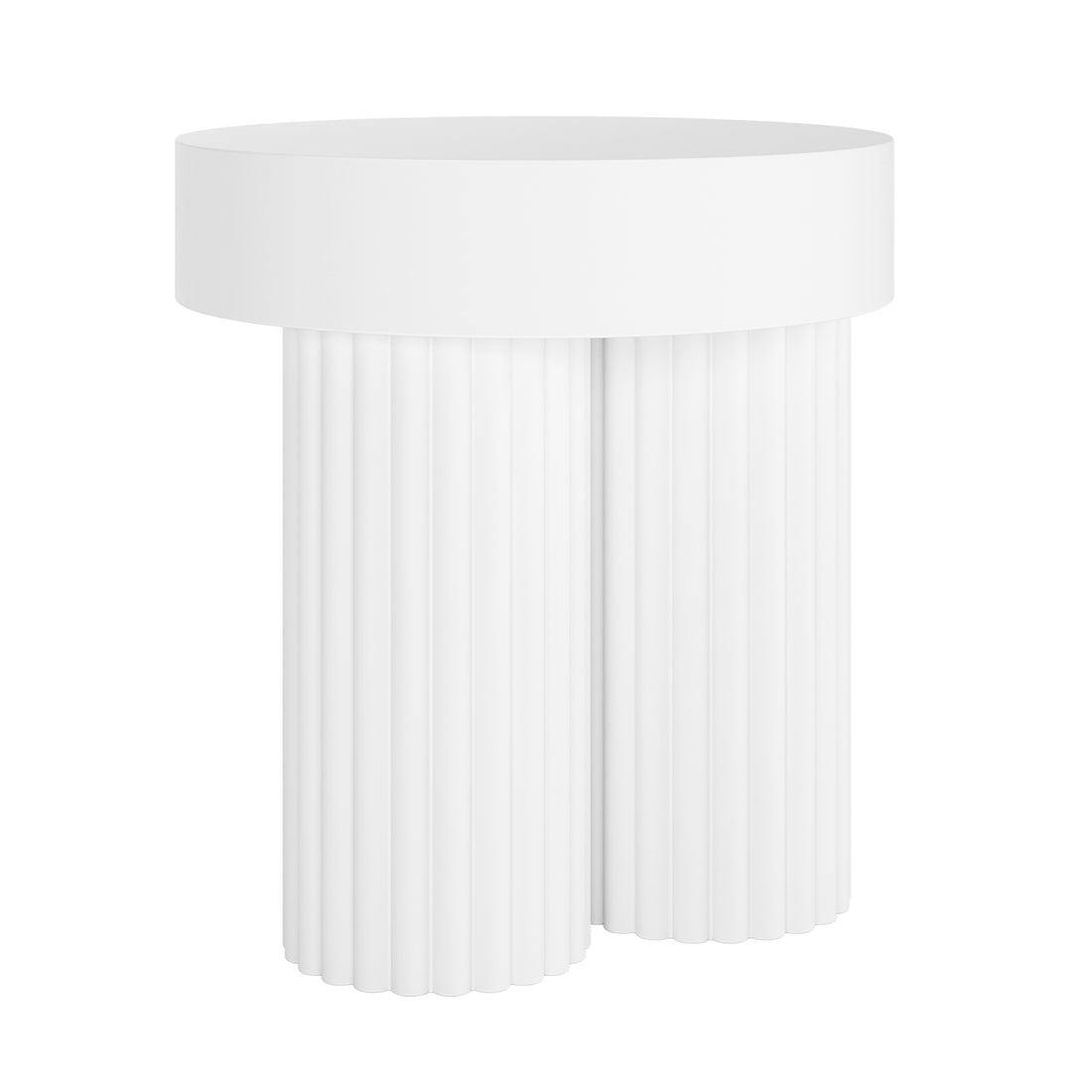 Basalt & Salvo Outdoor Concrete Coffee Table Set in White features a minimalist design with a round top on three fluted, cylindrical legs, embodying classical elegance in durable, weather-resistant concrete.