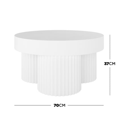 Basalt & Salvo Outdoor Concrete Coffee Table Set in White, featuring a minimalist round table with a fluted, three-column base, 70 cm diameter, 37 cm height, showcasing modern outdoor elegance.