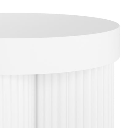 Basalt 70cm Indoor & Outdoor Concrete Coffee Table in White, featuring a round shape with smooth, flat top and vertical pleated sides, crafted for durability and elegance in any setting.