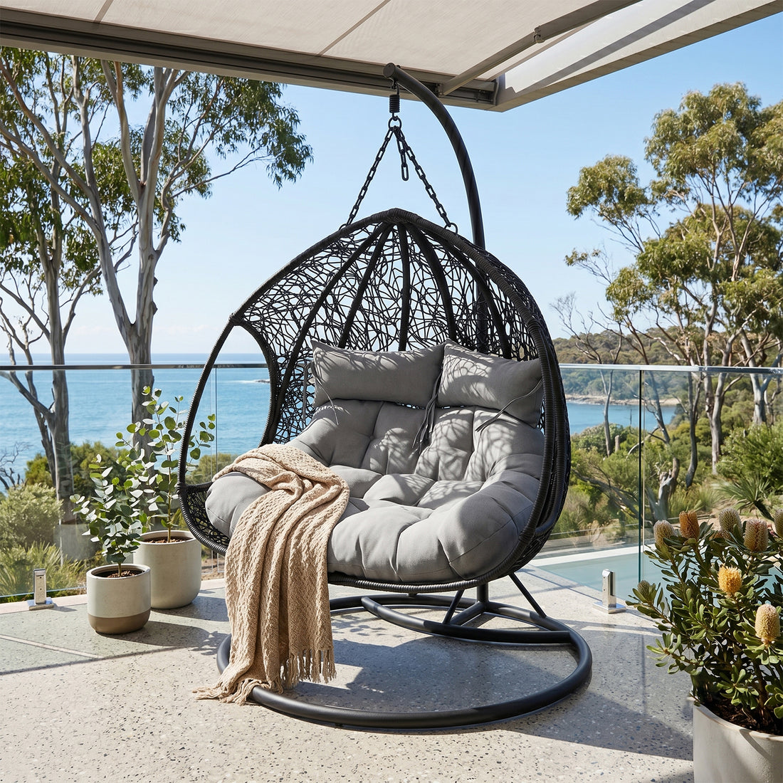 Basin 2-Seater Hanging Egg Chair with Cushion in Black