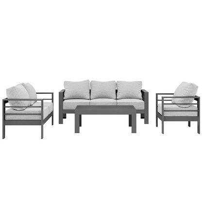 Luxo Bayo 6 Seater Aluminium Outdoor Furniture Set – Grey features a stylish aluminium frame with plush cushions, comfortably seating six, perfect for outdoor gatherings. Includes a durable Polywood table.