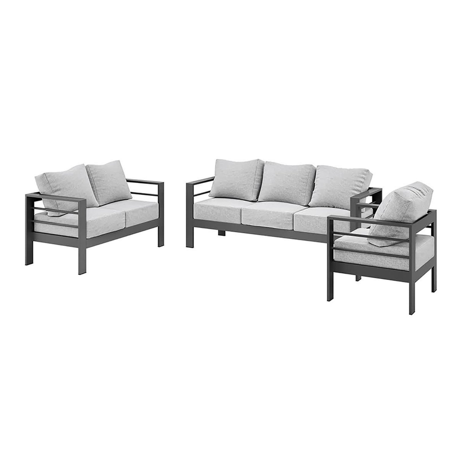 Luxo Bayo 6 Seater Aluminium Outdoor Furniture Set – Grey, featuring plush cushions on a sleek aluminium frame. Ideal for outdoor lounging, comfortably accommodating six with a chic powder-coated finish.