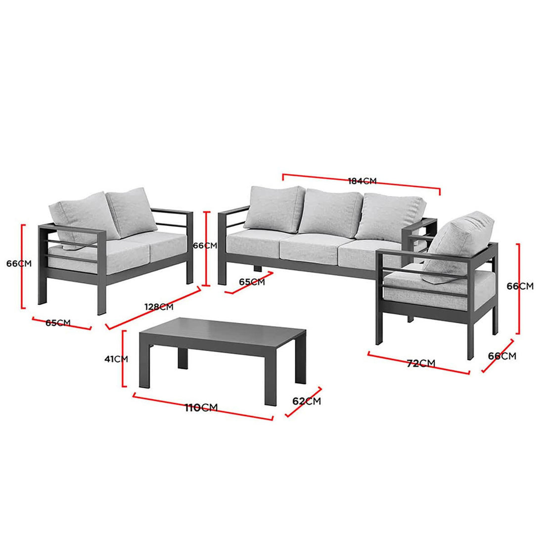 Luxo Bayo 6 Seater Aluminium Outdoor Furniture Set – Grey featuring a stylish aluminium frame, thick cushions, and a rectangular table with a subtle design mark, ideal for outdoor garden gatherings.