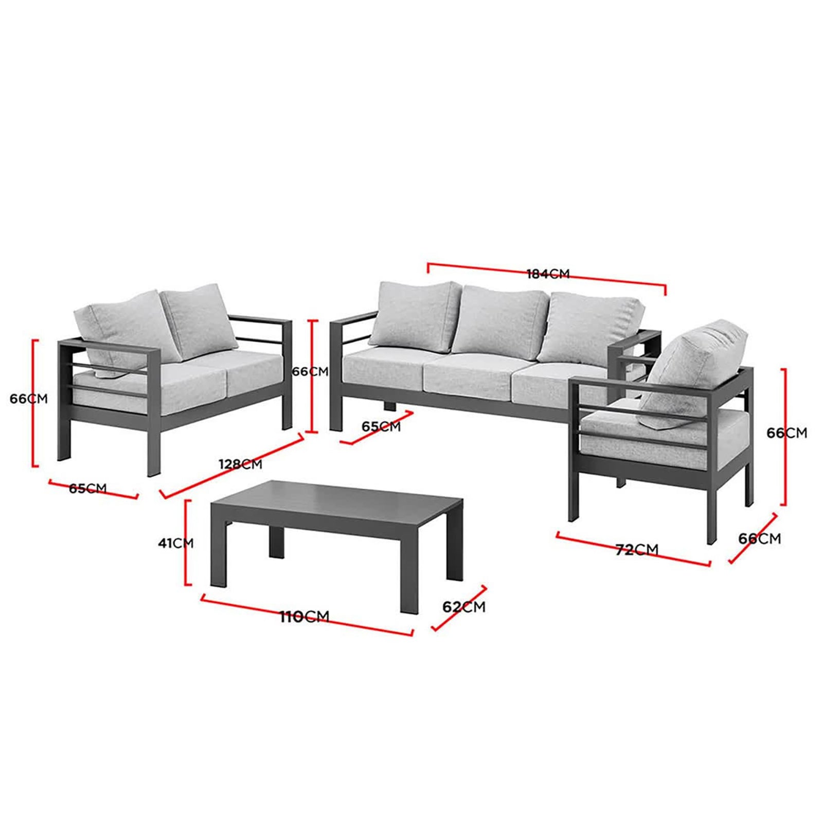 Luxo Bayo 6 Seater Aluminium Outdoor Furniture Set – Grey featuring a stylish aluminium frame, thick cushions, and a rectangular table with a subtle design mark, ideal for outdoor garden gatherings.