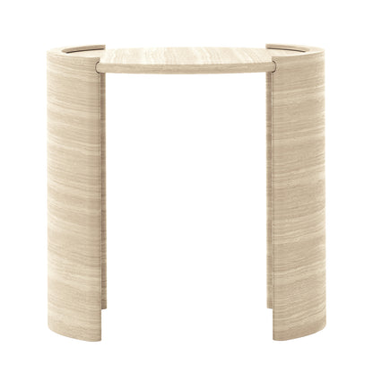 Behnaz 56cm Round Indoor/Outdoor Concrete Side Table, featuring a smooth beige surface with a modern arched base, highlighting its elegant design suitable for versatile indoor and outdoor use.