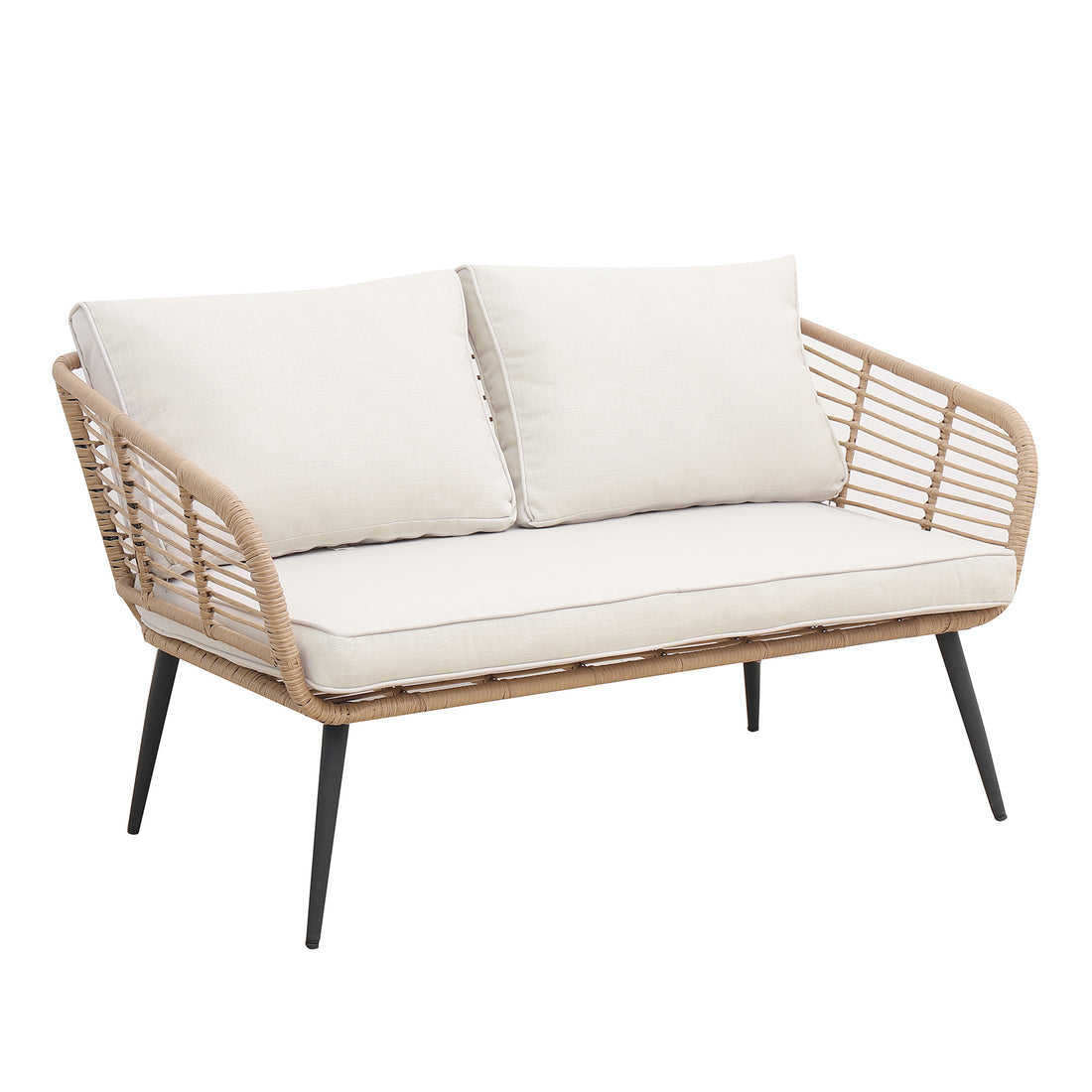 Bequia 4 Seater Rope Wicker Outdoor Sofa Light Beige with cushioned seats and a wicker design on a white surface, highlighting its contemporary style and minimalist elegance.
