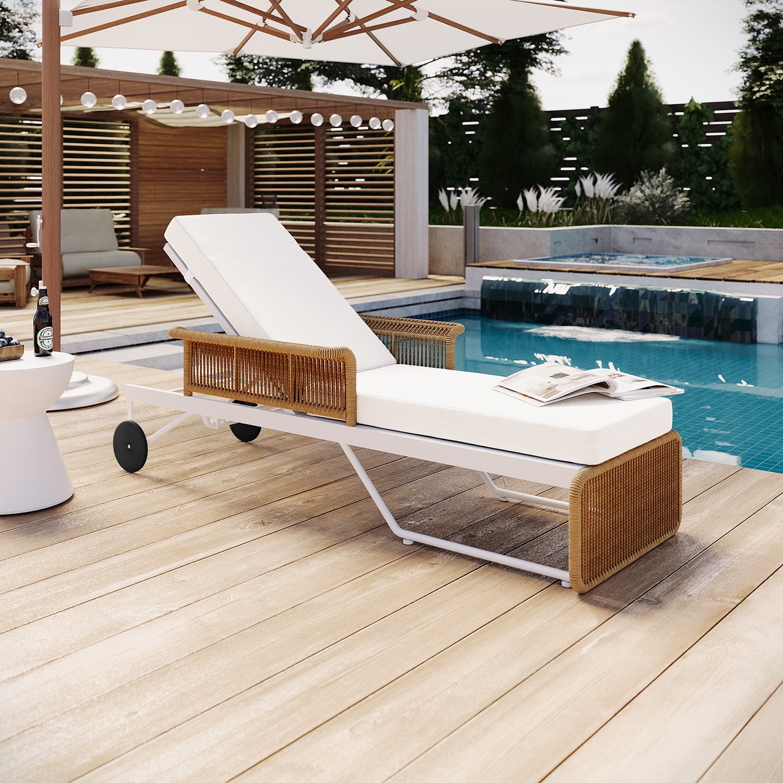 Boonoo Premium Aluminium Outdoor Rattan Sun Lounger near a pool, showcasing its sleek design with adjustable reclining positions and plush cushions, highlighting its blend of comfort and style for outdoor relaxation.