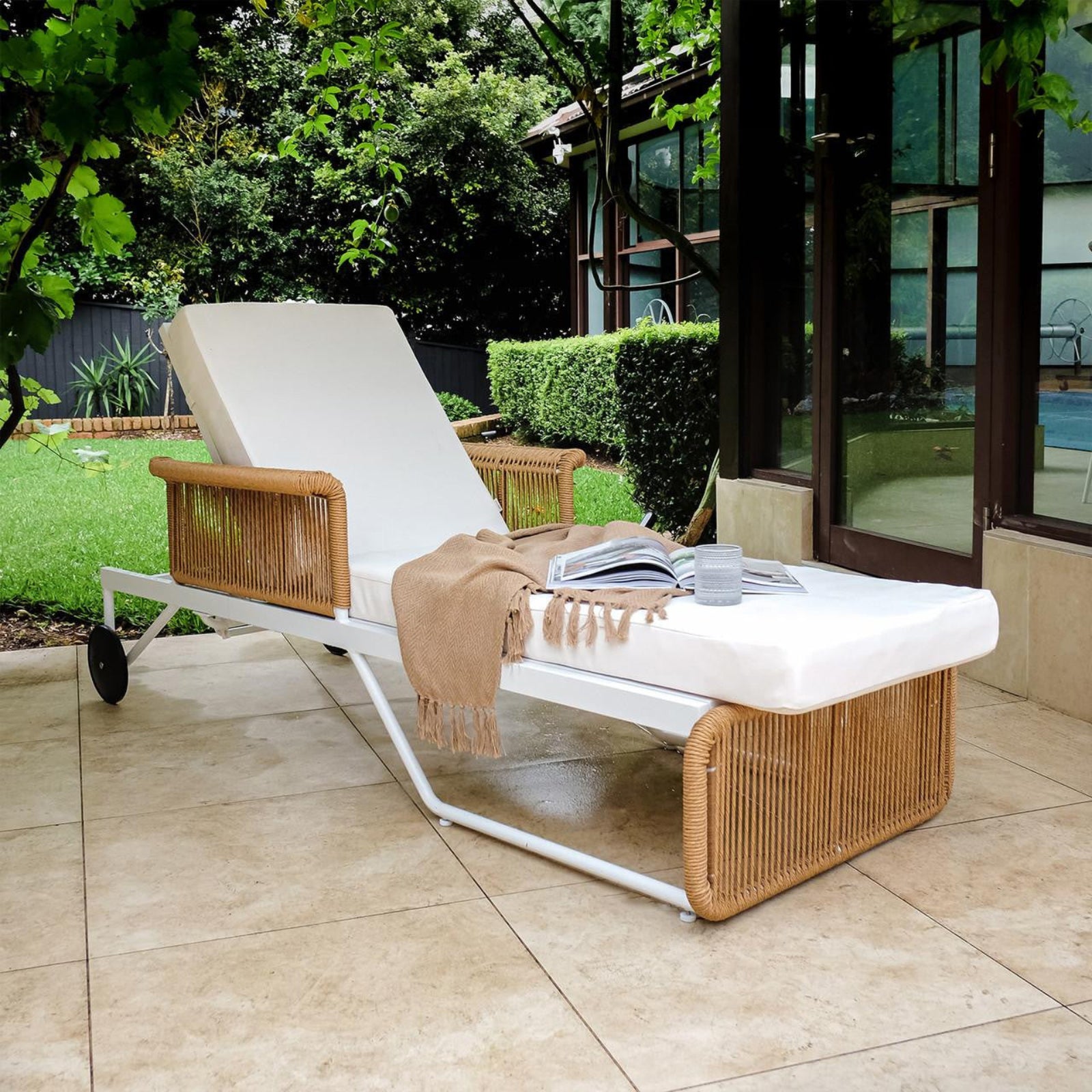 Boonoo Premium Aluminium Outdoor Rattan Sun Lounger in Cream White, showcasing its elegant handwoven rattan design and adjustable reclining positions, perfect for luxurious outdoor relaxation on a patio or garden.