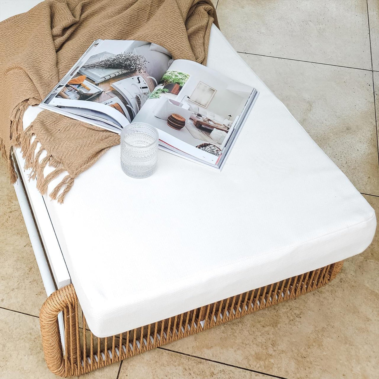 Boonoo Premium Aluminium Outdoor Rattan Sun Lounger - Cream White, showcasing adjustable recline, handwoven rattan, and plush quick-dry cushions, perfect for luxurious outdoor relaxation by pools, balconies, or gardens.