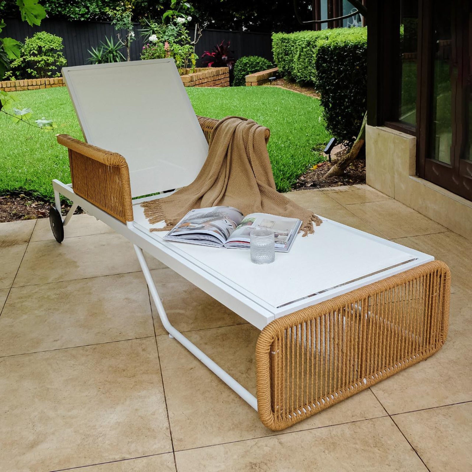 Boonoo Premium Aluminium Outdoor Rattan Sun Lounger - Cream White, featuring an adjustable reclining back, plush cushions, and a sleek aluminium frame with handwoven rattan, shown on a patio setting.